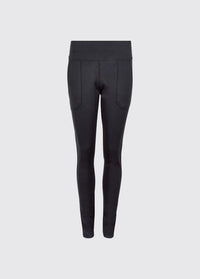 Black ladies leggings with a high waist and front pockets in substantial four way stretch fabric for comfortable everyday wear