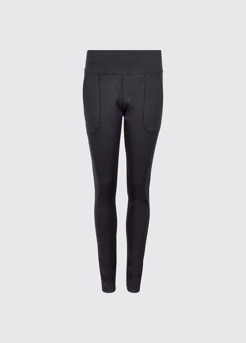 Black ladies leggings with a high waist and front pockets in substantial four way stretch fabric for comfortable everyday wear