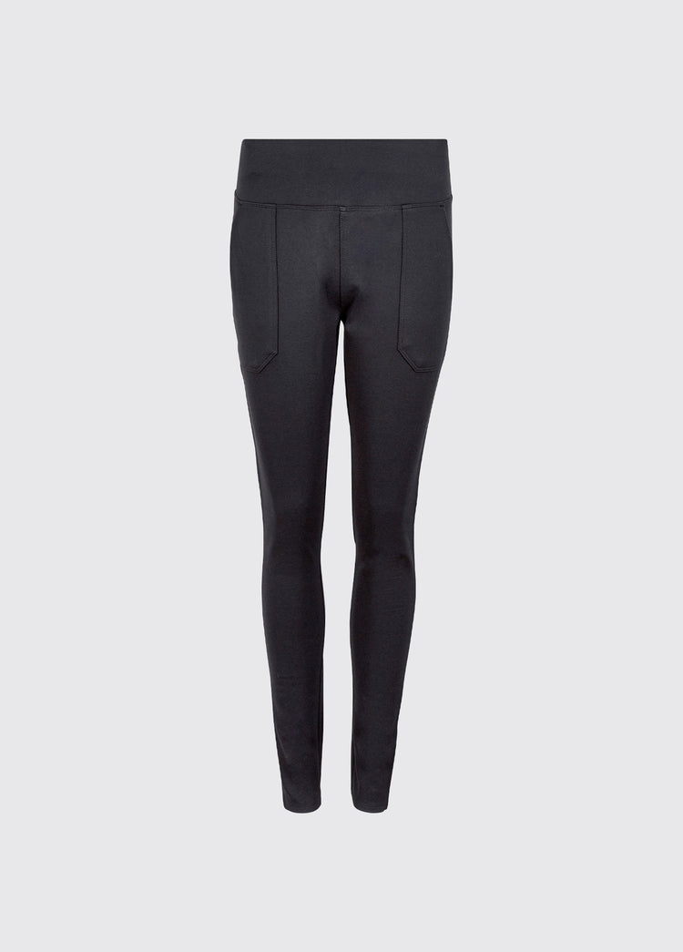 Black ladies leggings with a high waist and front pockets in substantial four way stretch fabric for comfortable everyday wear