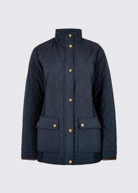 Navy womens quilted jacket with stand collar snap front long sleeves and flap pockets made from sustainable recycled polyester