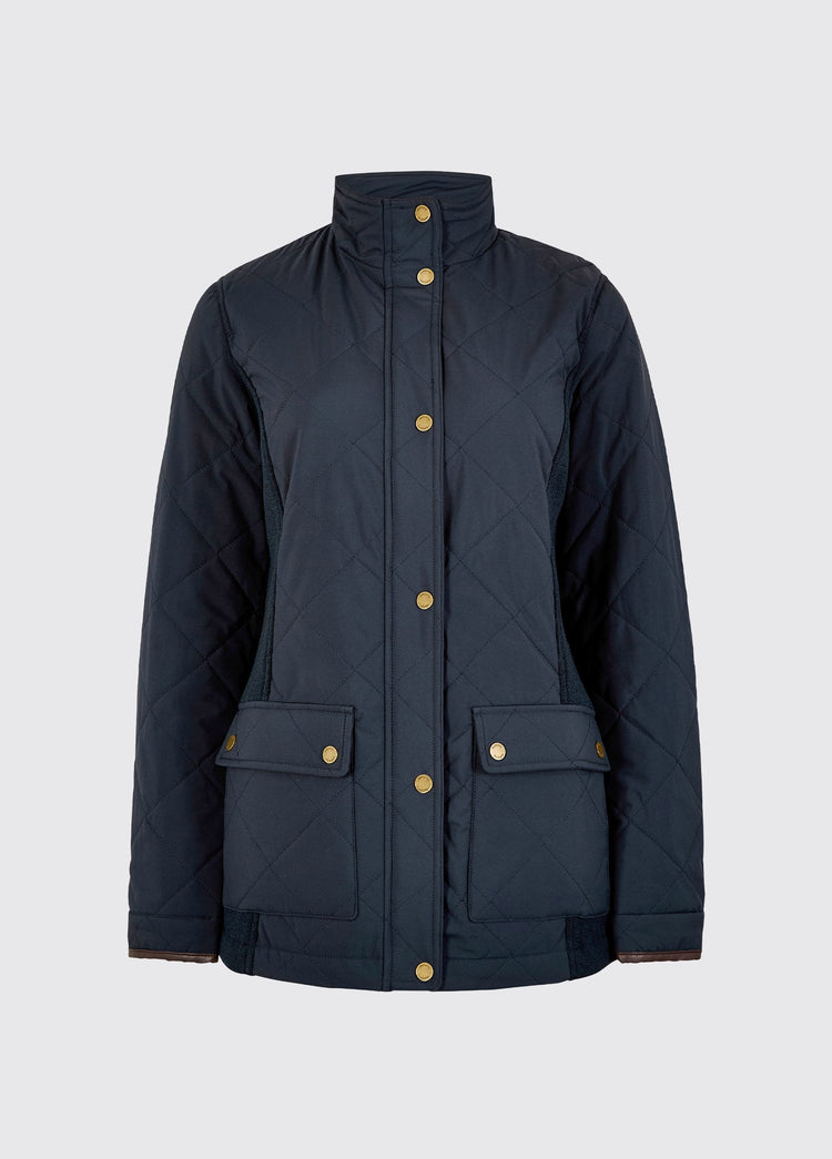 Navy womens quilted jacket with stand collar snap front long sleeves and flap pockets made from sustainable recycled polyester
