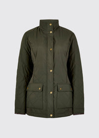 Olive lightweight womens quilted jacket with stand collar button front and two flap pockets