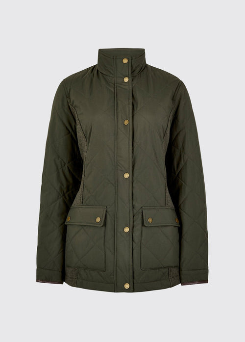Olive lightweight womens quilted jacket with stand collar button front and two flap pockets