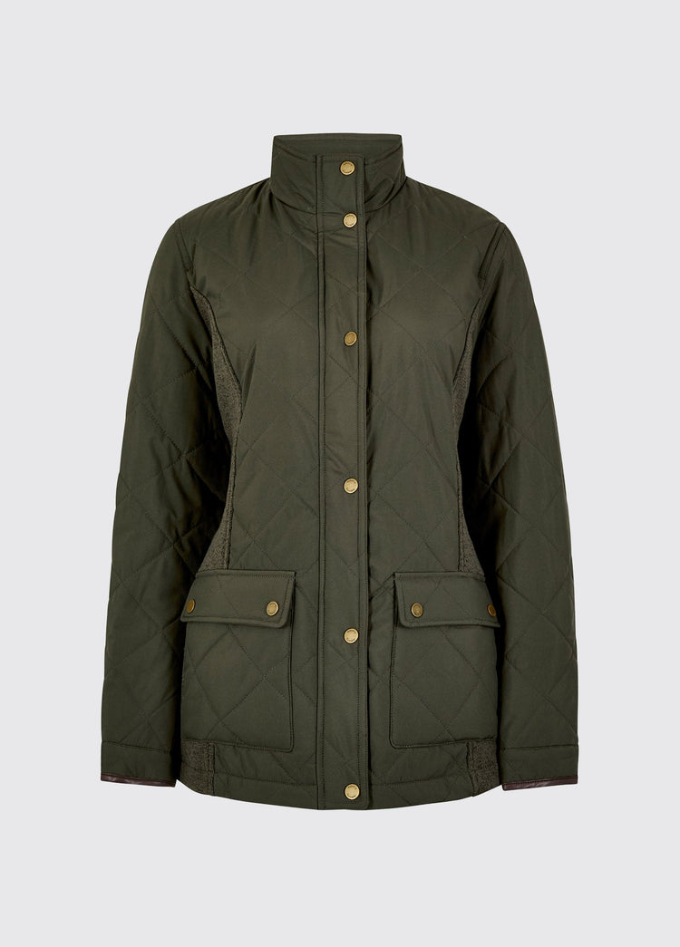 Olive lightweight womens quilted jacket with stand collar button front and two flap pockets