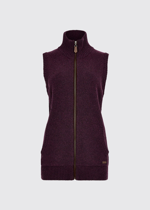 Damson womens sleeveless knit vest with full zip front and high collar for warm easy layering