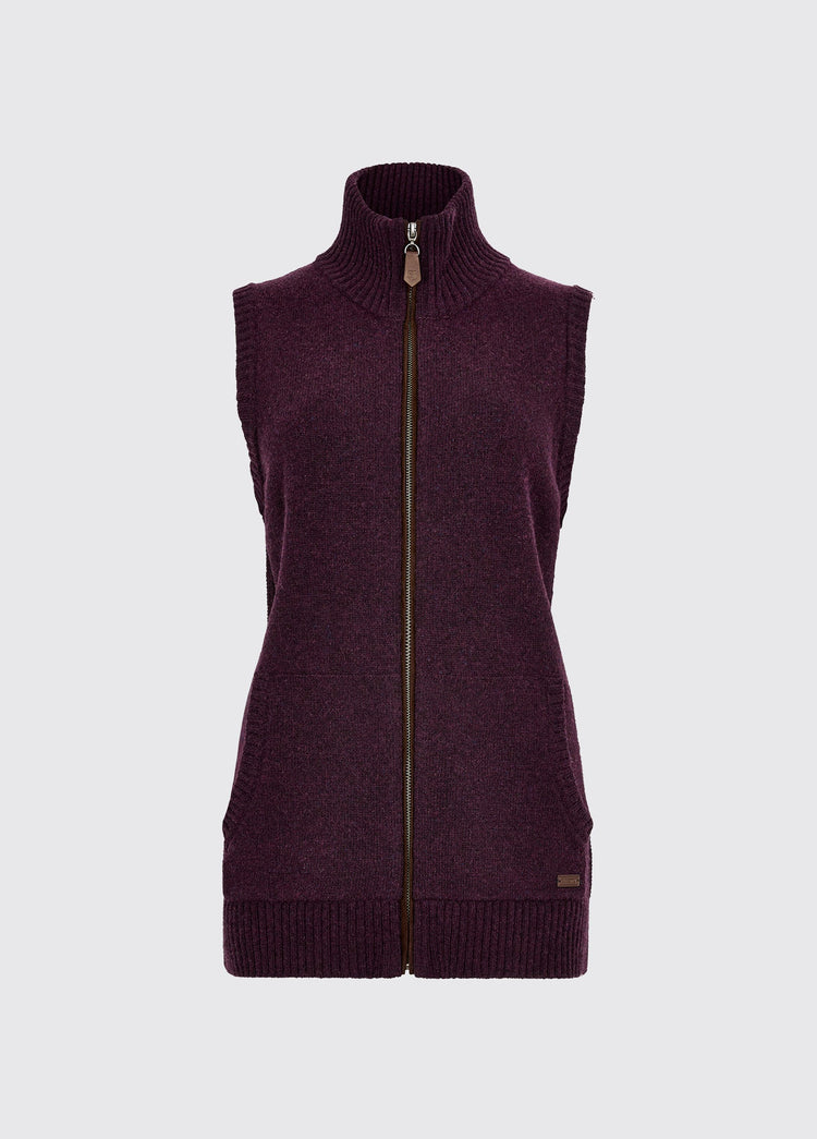 Damson womens sleeveless knit vest with full zip front and high collar for warm easy layering