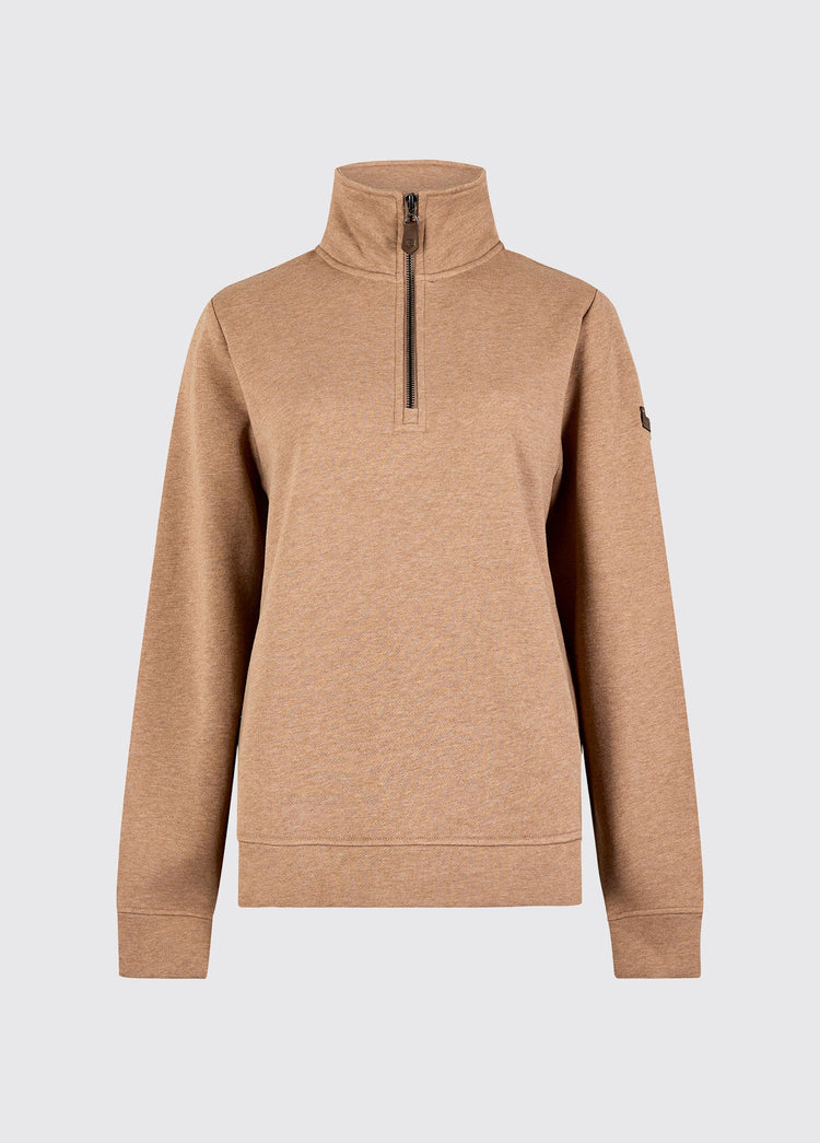 Womens Elk quarter zip sweatshirt with a stand collar long sleeves ribbed cuffs and hem in a soft cotton blend