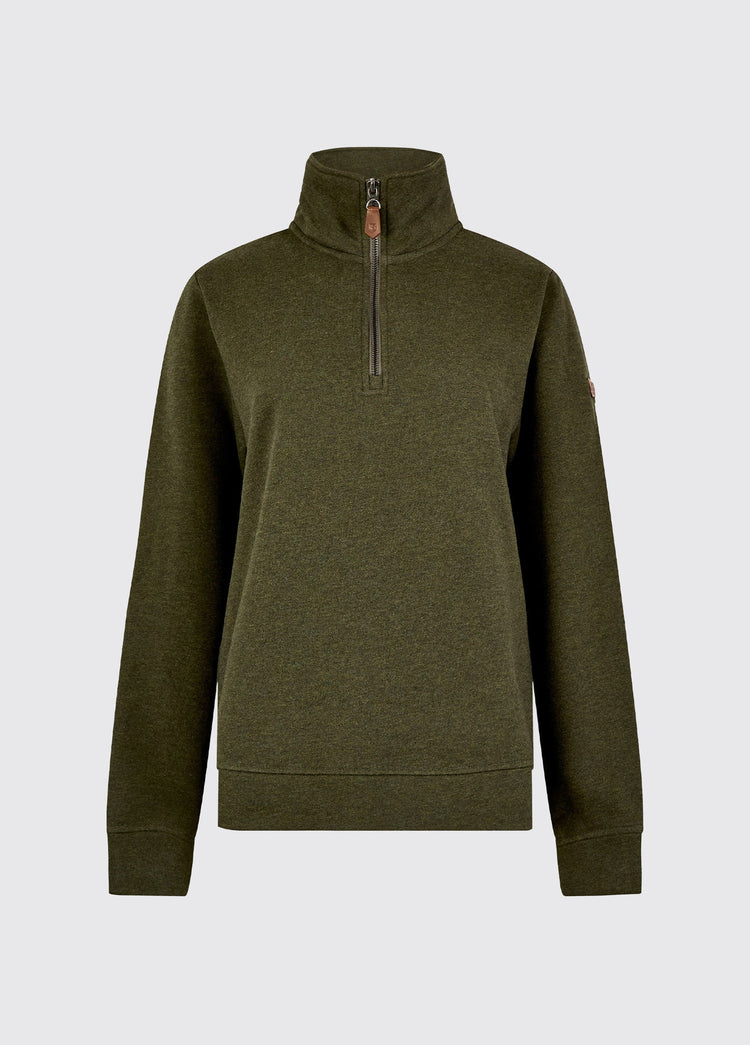 Womens olive quarter zip sweatshirt with a high collar long sleeves and ribbed cuffs and hem shown from the front