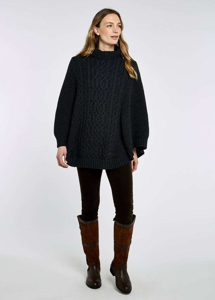 Kilronan Women’s Irish Knit Merino Poncho - Charcoal