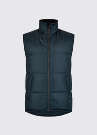 Men's navy quilted vest with a high collar, full zip fastening, two front pockets and warm recycled polyester insulation
