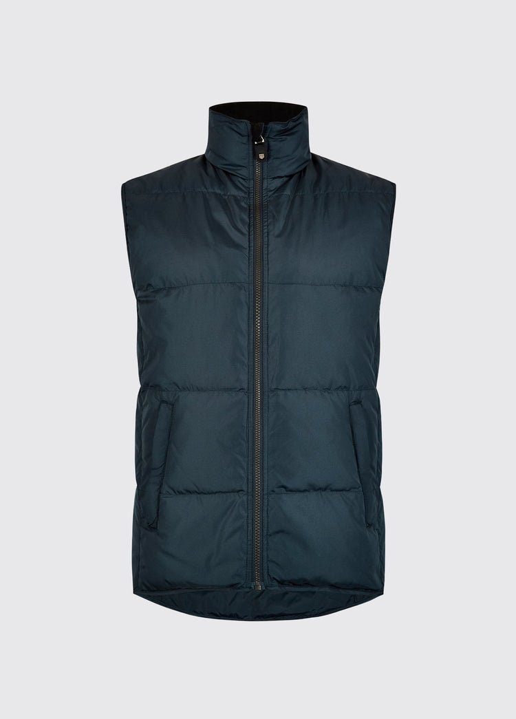 Men's navy quilted vest with a high collar, full zip fastening, two front pockets and warm recycled polyester insulation