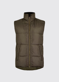 Olive mens quilted vest with a stand collar full zip front and practical front pockets for lightweight warmth outdoors