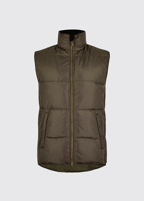 Olive mens quilted vest with a stand collar full zip front and practical front pockets for lightweight warmth outdoors