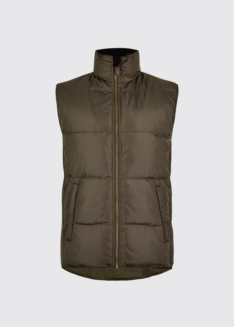 Olive mens quilted vest with a stand collar full zip front and practical front pockets for lightweight warmth outdoors
